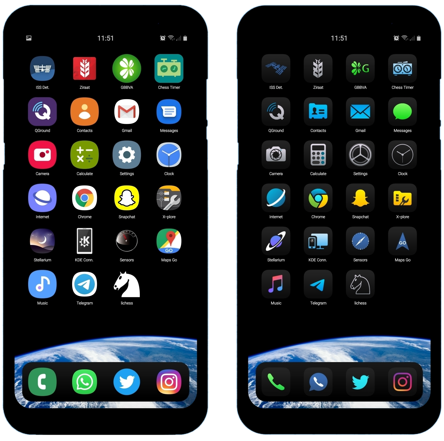 Comparison of the original icons with the new ones I made, on my old Samsung Galaxy S8